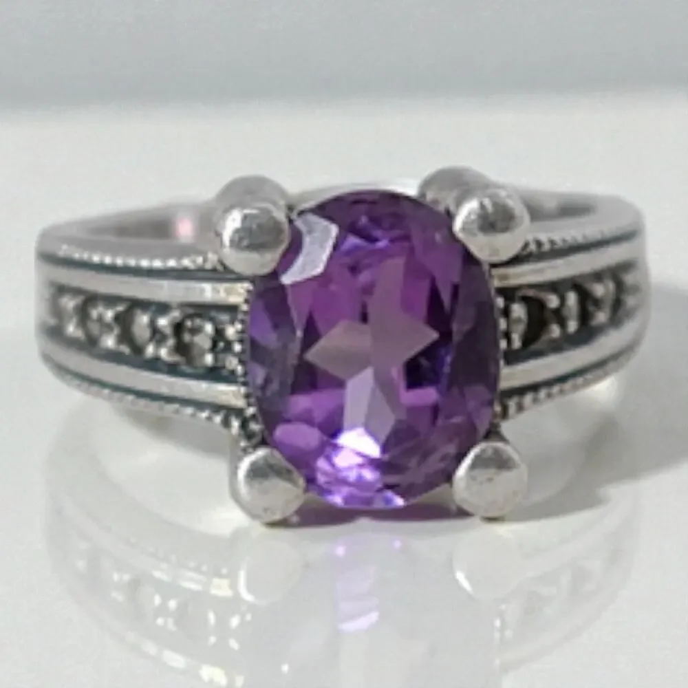 Judith Jack JJ 925 Sterling Silver Amethyst Marcasite Art Deco Ring Size 6.75